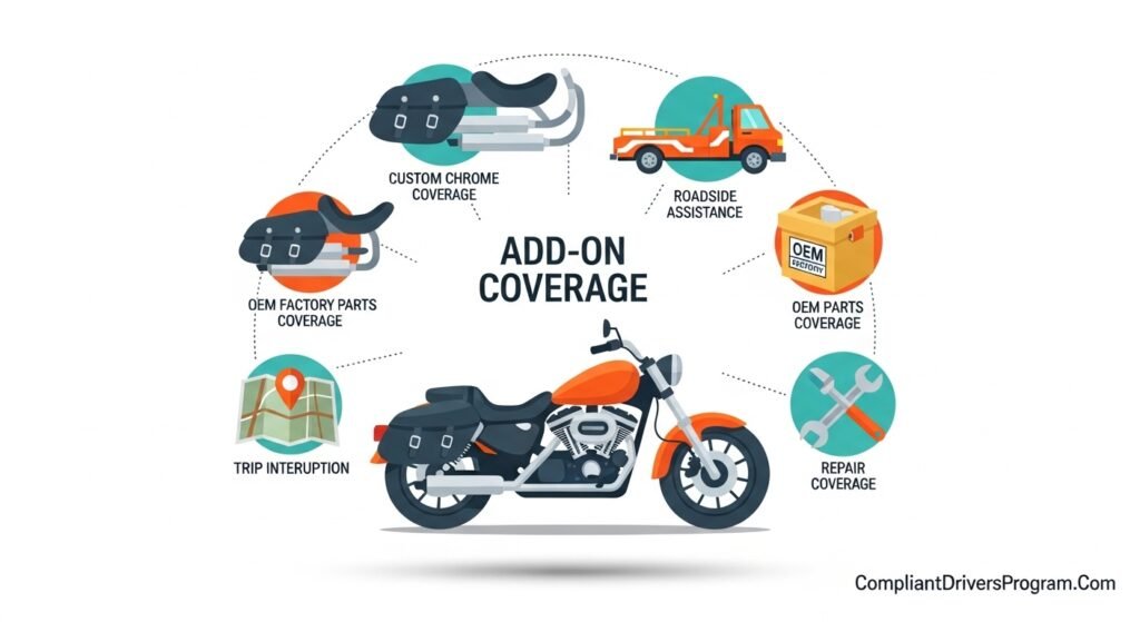 Motorcycle surrounded by coverage add-on icons including accessories roadside assistance and OEM parts
