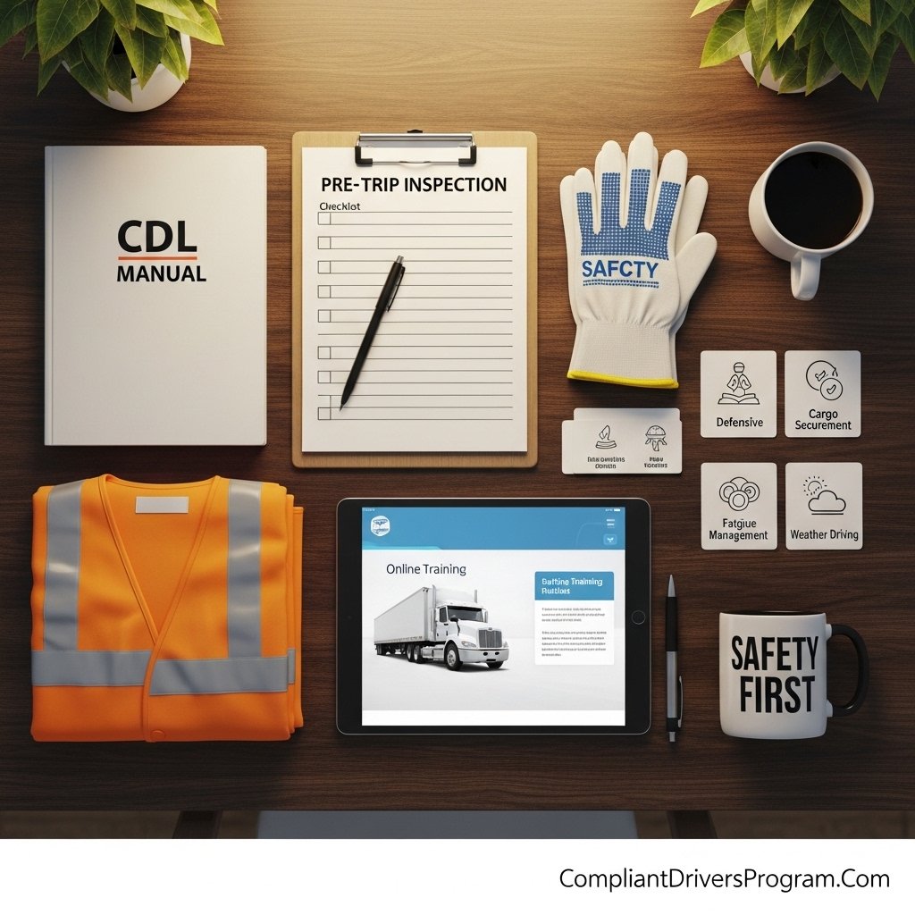 Flat lay of trucking safety training materials including checklist, vest, tablet, and CDL manual on desk