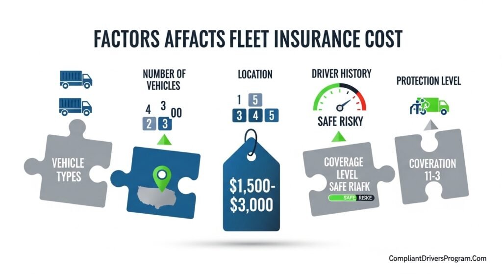 Infographic showing key factors affecting commercial fleet insurance pricing including vehicles, drivers, and location