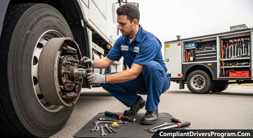 Roadside mechanic performing brake slack adjuster repair to clear vehicle out of service violation