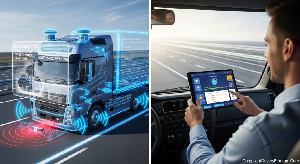 Advanced AI safety systems and gamified driver apps representing future technology reducing commercial truck accidents