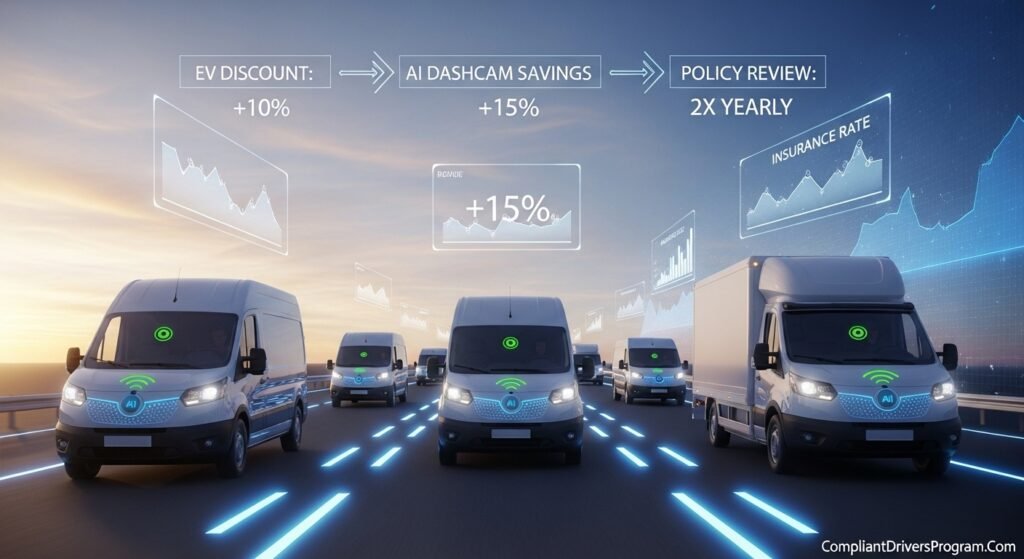 Futuristic fleet of electric commercial vehicles with AI dashcams on smart highway showing projected insurance savings of 10 to 15 percent for 2027