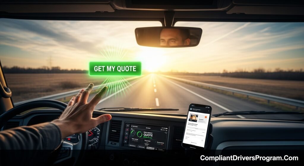 Trucker hand reaching for glowing green get quote button inside truck cab with sunrise highway ahead and insurance app on dashboard
