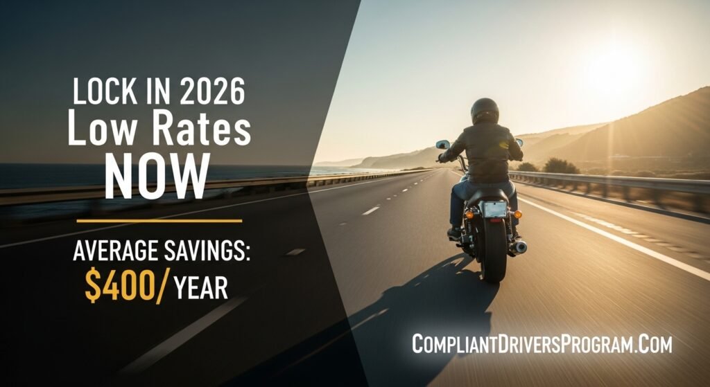 Motorcyclist riding into sunset on open highway with insurance savings overlay text