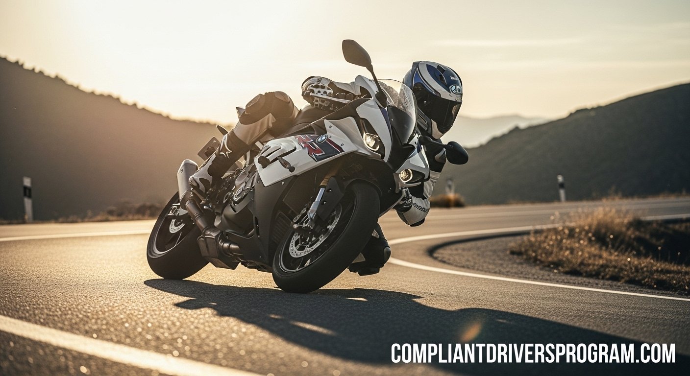 A sport bike rider leaning into a curve representing the thrill of high-speed riding.