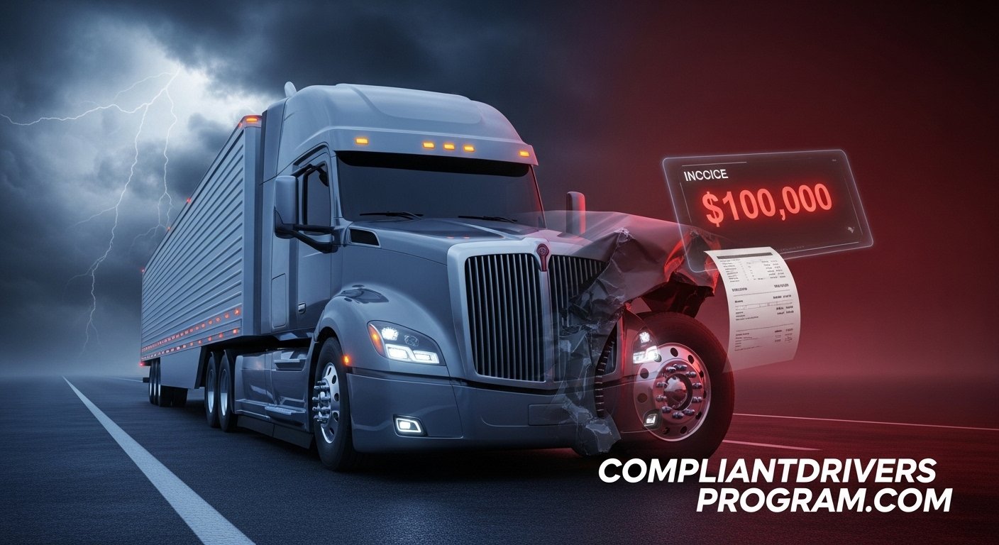 A split image showing a safe semi truck versus a repair bill, representing the importance of semi truck insurance.