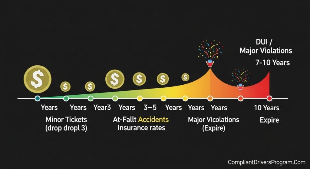 Timeline showing when tickets accidents and DUI violations stop affecting car insurance premiums