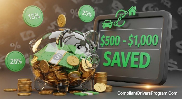Giant piggy bank with savings calculator showing 500 to 1000 dollars annual savings from insurance bundling