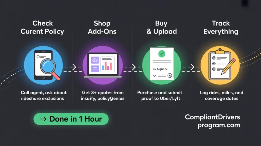 Four step infographic showing how to get rideshare insurance — check policy, shop add-ons, buy and upload, track everything
