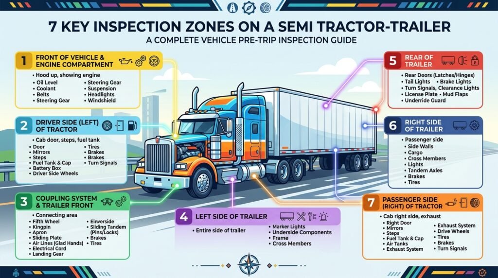 Pre trip inspection checklist zones on a semi truck diagram for CDL drivers