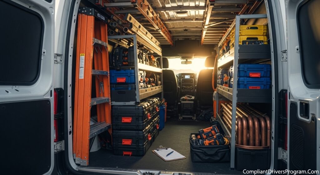 Inside a commercial cargo van filled with expensive contractor tools and shelving.