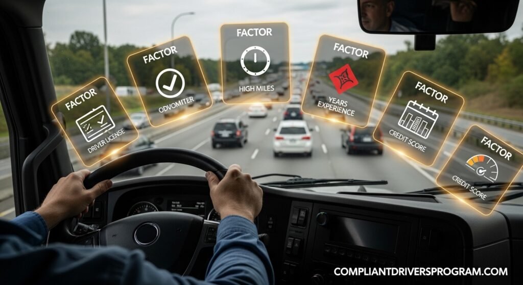 Key factors affecting commercial truck insurance cost showing driver hands on steering wheel with floating data cards for experience miles cargo location and credit score