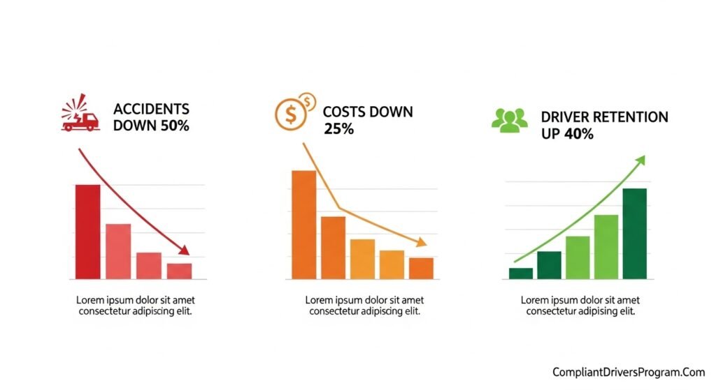 Data showing fleet safety program benefits including accident reduction cost savings and improved retention