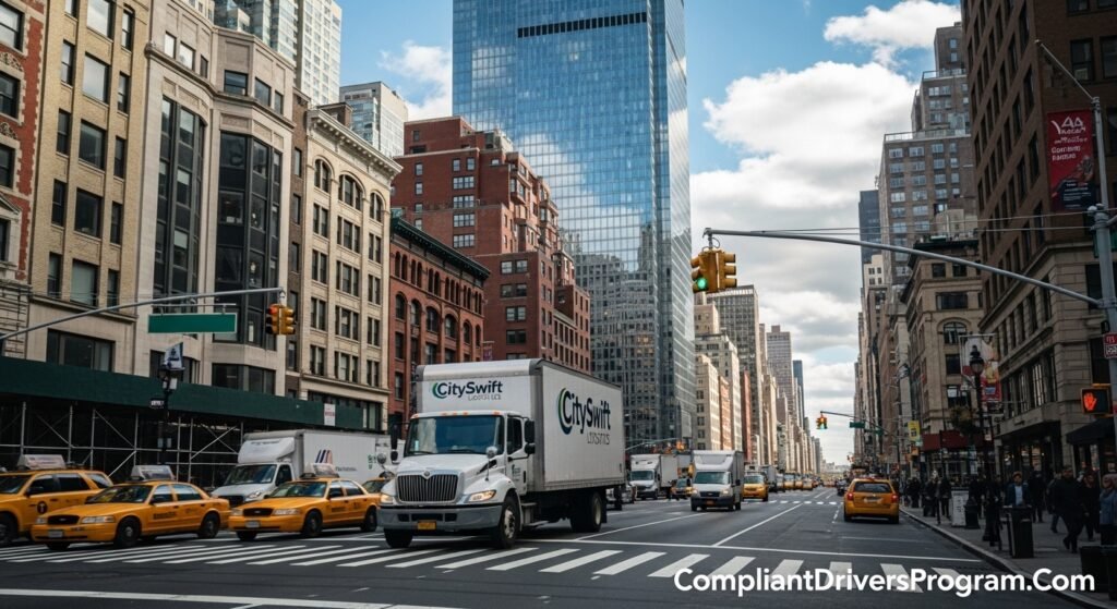 Commercial truck navigating congested New York City streets showing urban hauling challenges
