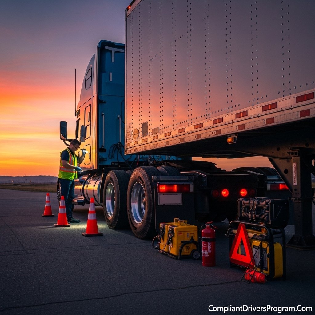 Professional truck driver in safety vest performing vehicle safety inspection at sunset with proper safety equipment visible