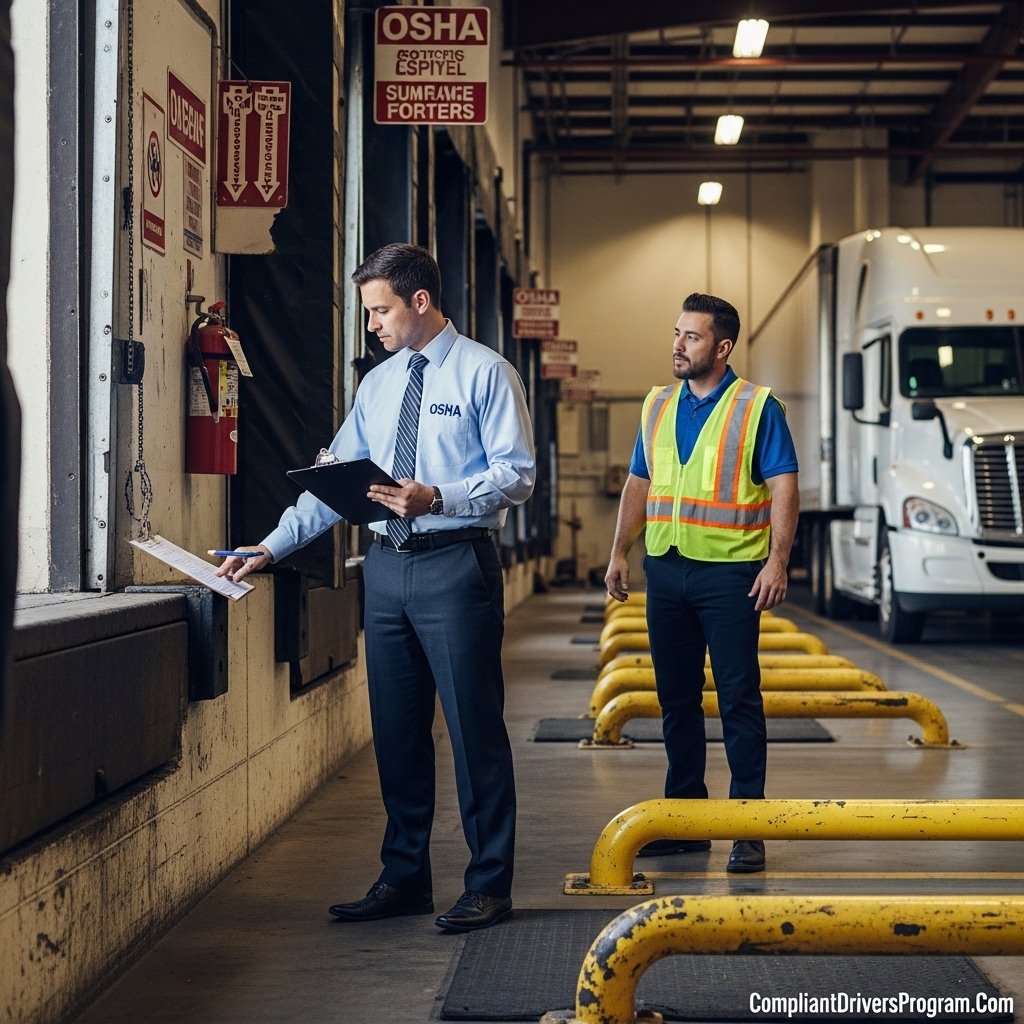 OSHA compliance officer inspecting trucking company loading dock area while facility manager explains safety measures and procedures