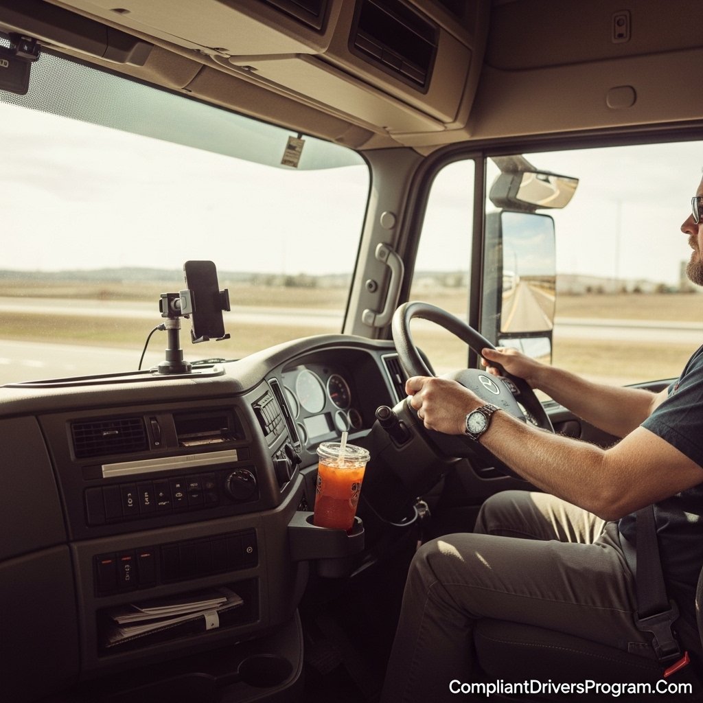 Clean organized truck cab interior with mounted phone holder and both hands on steering wheel showing how to avoid distracted driving truck