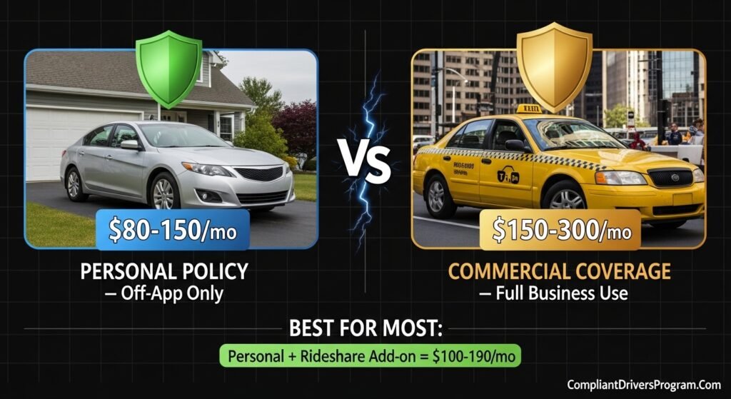 Side by side comparison of personal auto insurance versus commercial coverage for Uber Lyft rideshare drivers with costs