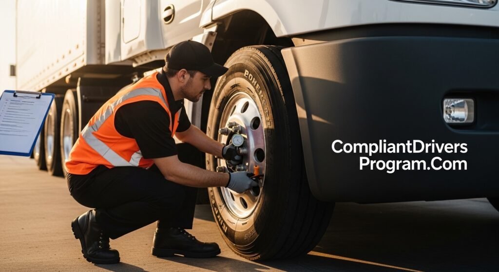 Truck driver checking tire tread depth during morning pre-trip inspection at truck stop