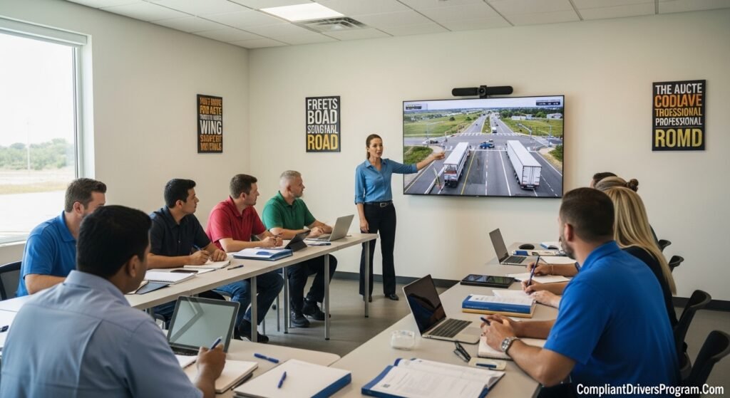 Truck drivers receiving hands-on defensive driving training in professional classroom setting
