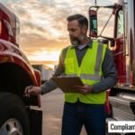 Truck driver performing comprehensive pre-trip inspection checklist at sunrise with clipboard