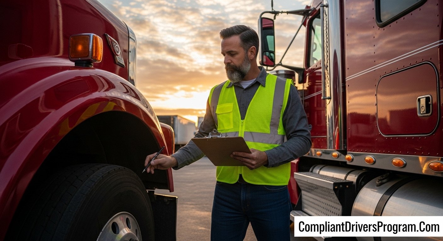 Truck driver performing comprehensive pre-trip inspection checklist at sunrise with clipboard
