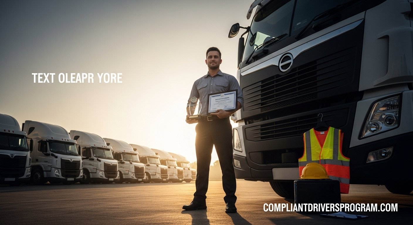 Truck driver holding safety award standing in front of commercial fleet trucks at sunrise representing driver safety programs excellence