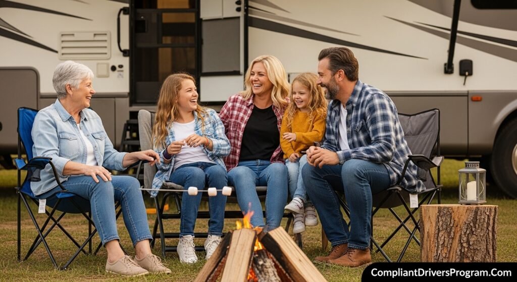 Happy family RV camping with peace of mind from proper insurance coverage