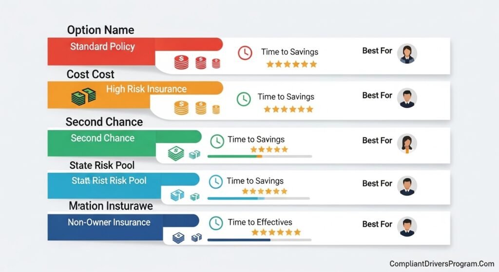 Side-by-side comparison chart of insurance options for drivers with poor driving records showing costs and effectiveness