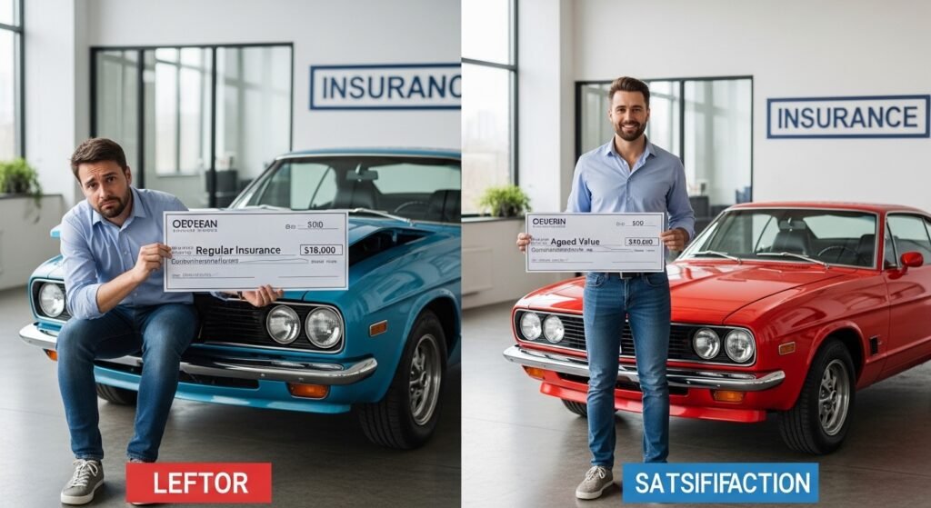 Comparison showing regular insurance low payout versus agreed value classic car insurance full coverage