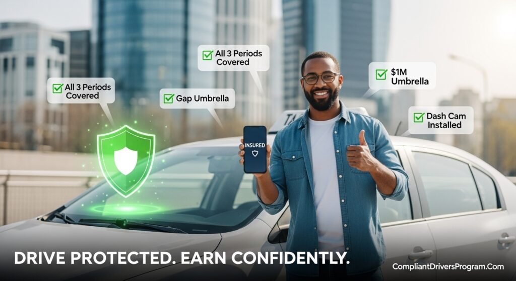 Happy insured rideshare driver giving thumbs up next to protected car with insurance checklist items completed