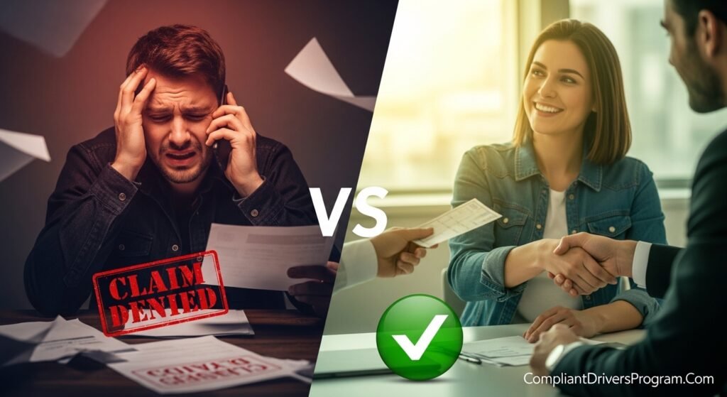 Split comparison showing denied claim frustration versus approved claim satisfaction in motorcycle insurance