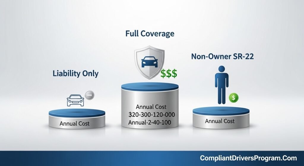 Three SR-22 coverage options comparison - liability only, full coverage, and non-owner policy with cost indicators