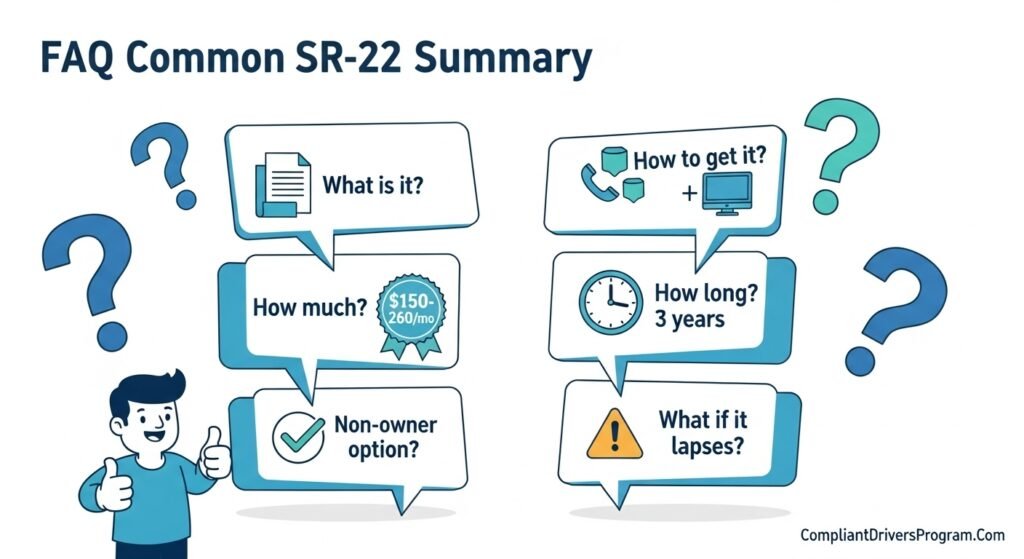 FAQ summary illustration showing quick visual answers to common SR-22 insurance questions about cost, duration, filing process, and non-owner options