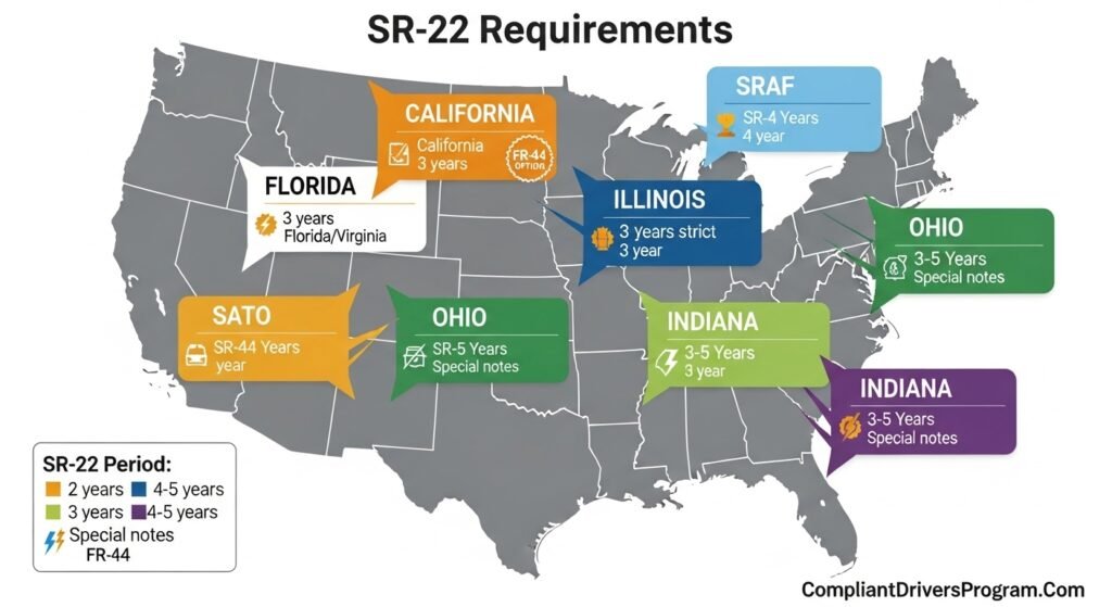 United States map showing SR-22 insurance requirements by state highlighting California, Florida, Illinois, Ohio, and Indiana with filing periods and special requirements