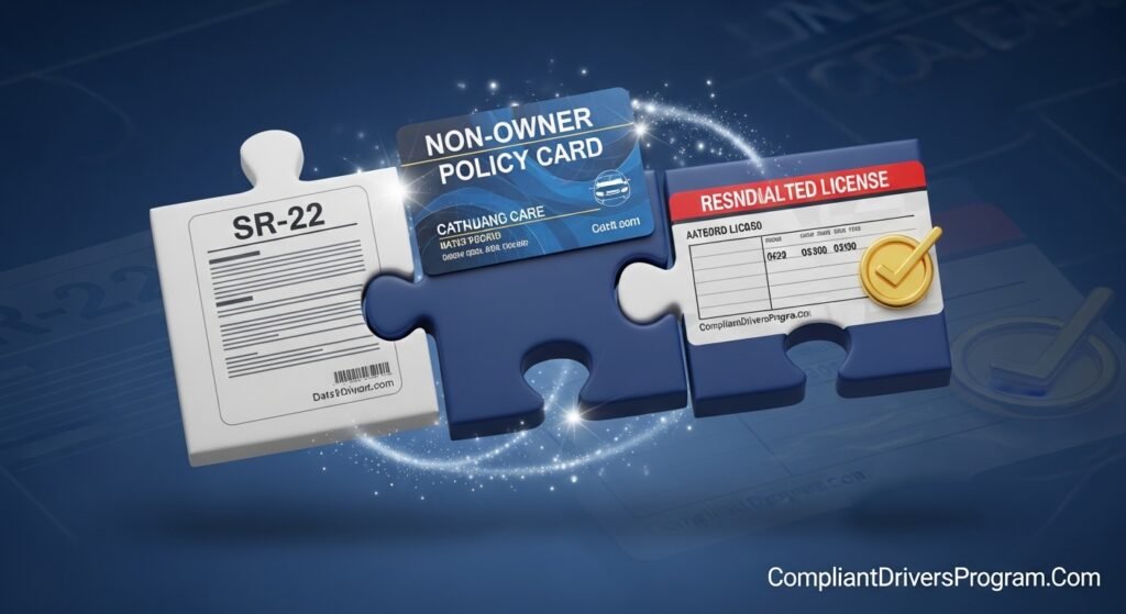 Three puzzle pieces illustration showing how SR-22 non-owner policy and license reinstatement work together