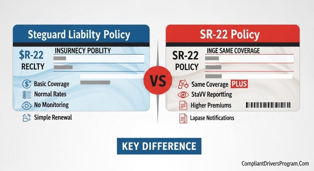 Side-by-side comparison graphic showing differences between SR-22 insurance policy and regular liability insurance including monitoring, cost, and filing requirements