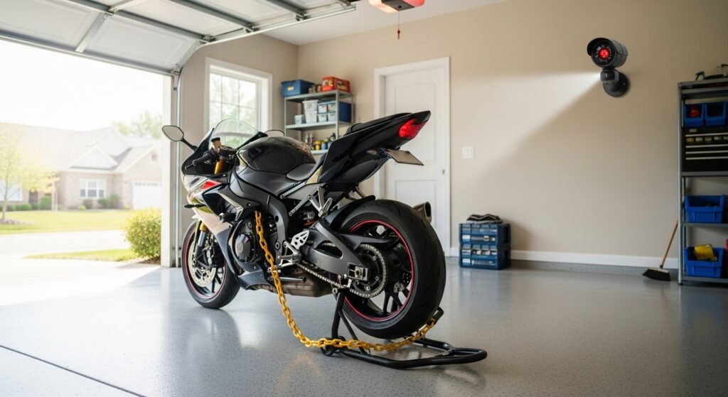 Sport bike parked inside a locked garage with security devices to lower insurance premiums.
