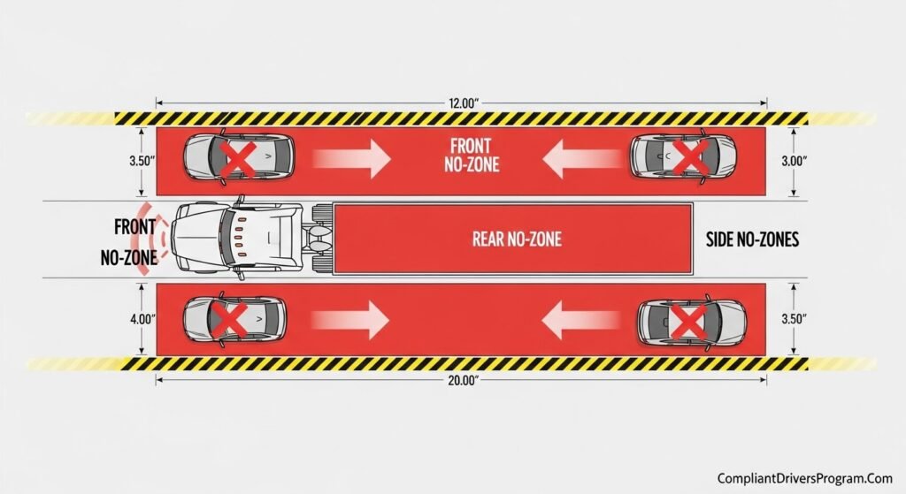 Overhead diagram showing four dangerous blind spot zones around commercial semi-truck where cars disappear from view