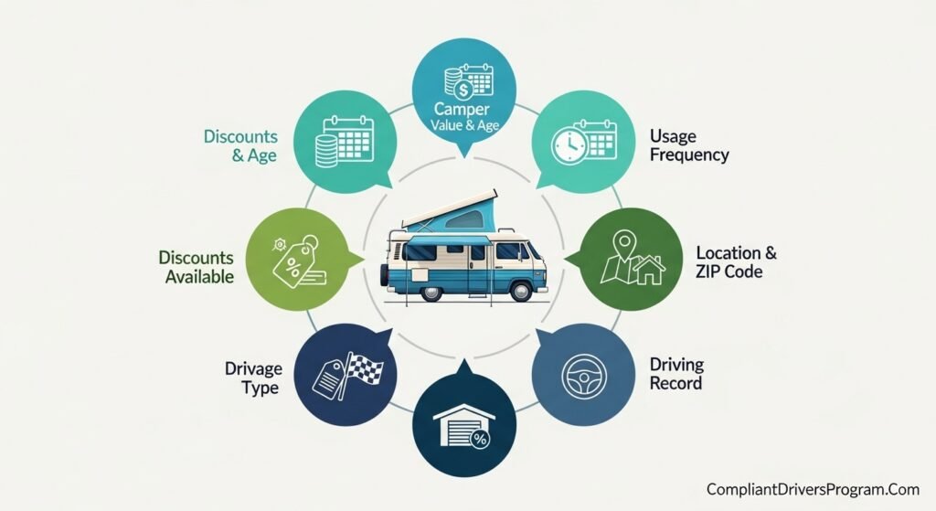 Infographic showing factors influencing camper insurance premium costs