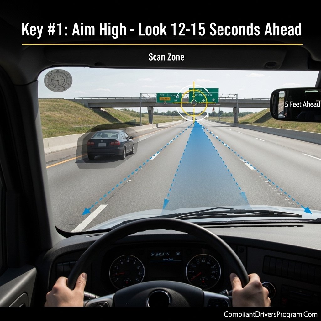 Truck driver POV demonstrating aim high in steering technique looking 12-15 seconds ahead