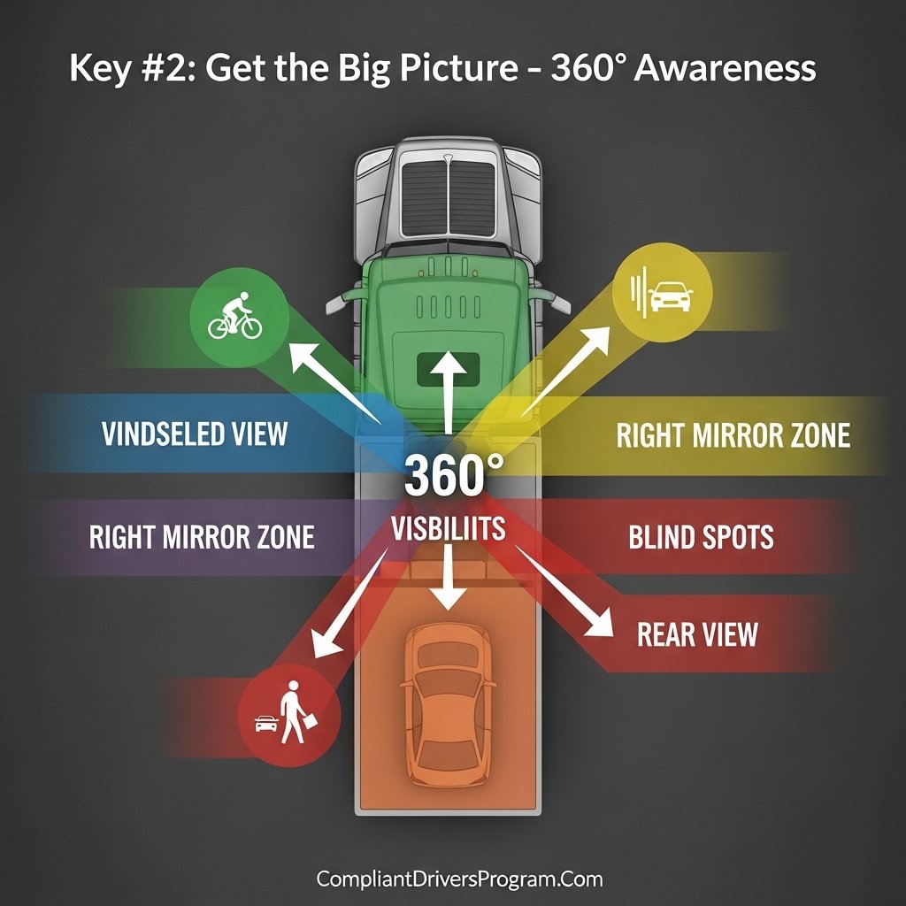 Infographic showing 360-degree awareness zones for commercial truck drivers using Smith System
