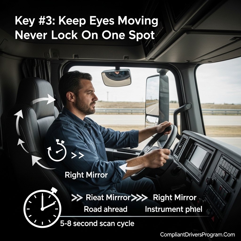 Truck driver demonstrating constant eye movement scanning pattern for defensive driving