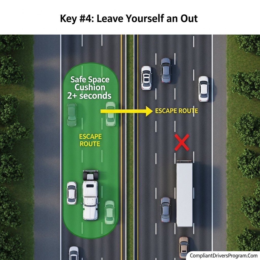 Diagram showing proper space cushion and escape routes for commercial truck drivers