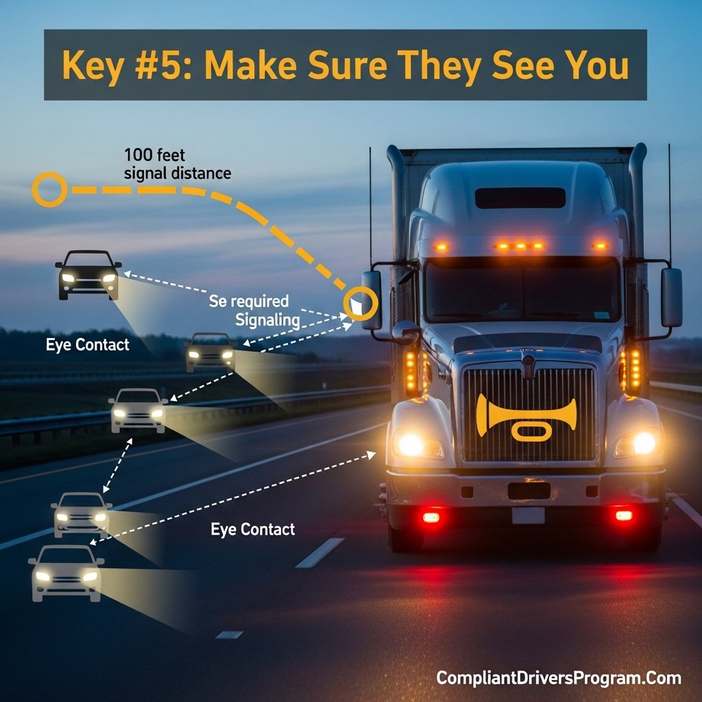 Commercial truck demonstrating proper signaling and communication for defensive driving