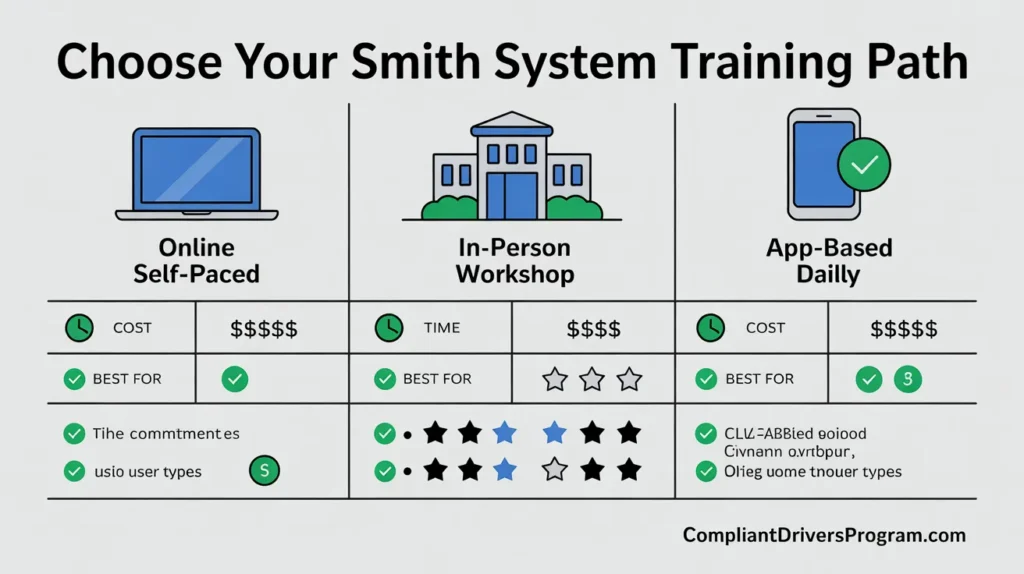 Comparison chart of different Smith System defensive driving training delivery methods