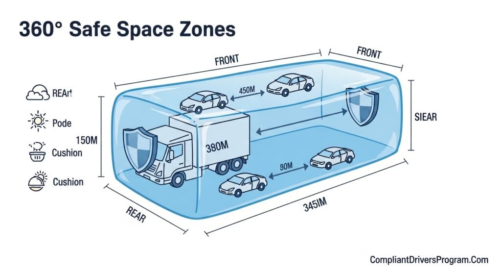 Diagram showing protective space cushion concept around commercial trucks