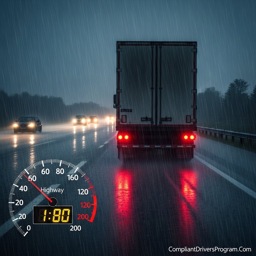 Semi truck driving at reduced safe speed on rain-soaked highway demonstrating speed management trucking in bad weather