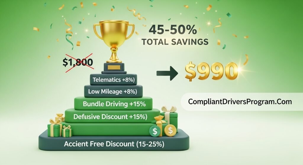 Discount stacking pyramid showing how to combine accident free with other discounts for 50% savings