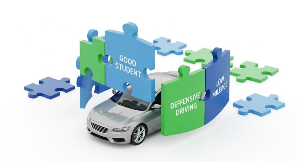 Puzzle pieces labeled Good Student, Defensive Driving, and Low Mileage connecting to protect a car.